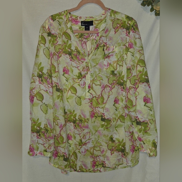 Lane Bryant 22/ 24 Pink and Green Long Sleeve Buttoned Blouse Mandarin Collar - Picture 1 of 7